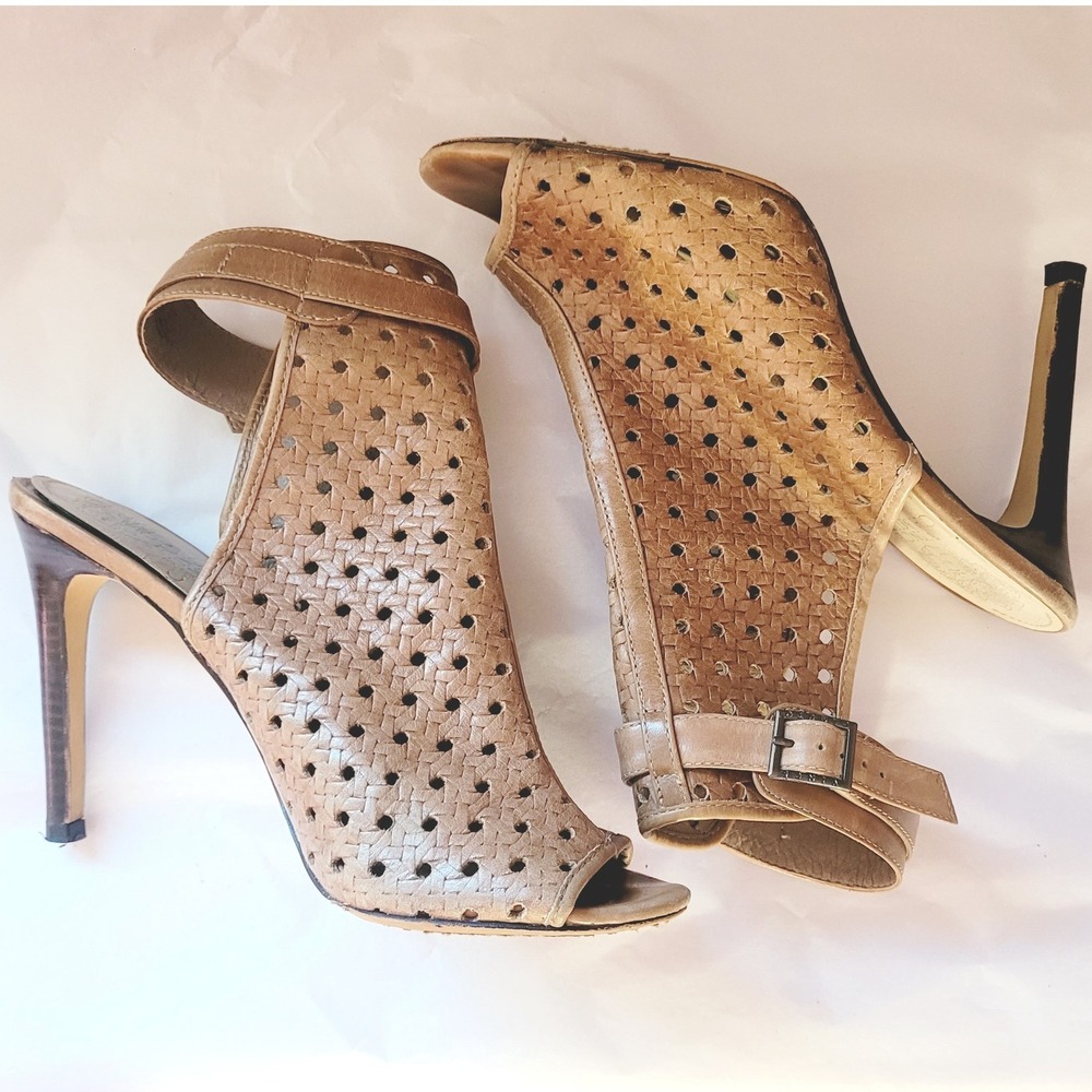 Vince Camuto Karsten Tan Leather Woven Laser Cut Peep Toe Ankle Strap Heels 8.5M